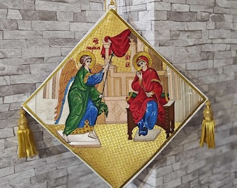 Embroidered orthodox priest epinogation. Orthodox vestments. Icon of Annunciation. Palitca for priest or bishop.