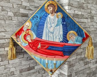 Embroidered palitca. Epigonation.  Icon of the Assumption of the Virgin. Icon for vestments. Liturgical appliques