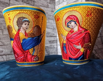 Orthodox priest bishop cuffs.Fully embroidered icon of ANNUNCIATION .Byzantine Ecclesiastical Set.Theotokos