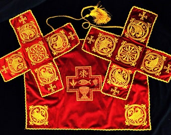 Chalice Covers Veils Grapevine Embroidered Gold color Red Velvet, Orthodox church, Priest bishop vestments