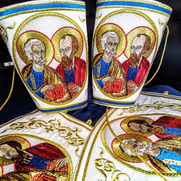 Embroidered Cuffs - Priest's cuffs with machine embroidery - Icon of The apostles Peter and Paul