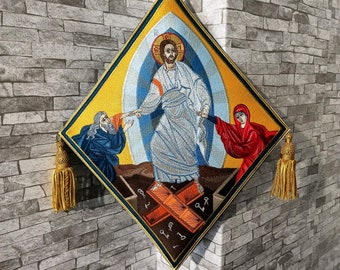 Palitsa. Epigonation. Shield. Embroidered Resurrection. Liturgical machine embroidery. Christian embroidery. icon of Resurrection