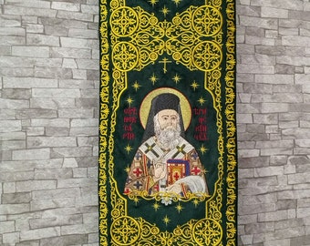 Epitrachelion with full machine Embroidery for priest vestments and bishops Stole. Icon of Holy Nectarius of Aegina with embroidery