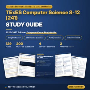Peut inclure: Un guide d'étude TExES Computer Science 8-12 (241) pour l'édition 2026-2027. La couverture présente du texte bleu foncé sur fond bleu, indiquant 129 pages, 200 questions d'entraînement, 4 sections de contenu et 2 tests pratiques.
