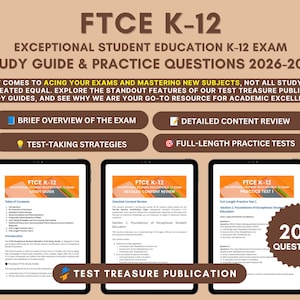 May include: A study guide and practice question book for the FTCE K-12 Exceptional Student Education exam 2026-2027. The cover features brown text on a tan background, listing features like exam overview, content review, and 200 practice questions.