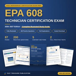 Puede incluir: Una guía de estudio digital para el examen de certificación de técnico EPA 608, edición 2026-2027. La portada azul presenta texto amarillo, 87 páginas, 200 preguntas de práctica, 5 secciones de contenido y 2 exámenes completos. Incluye páginas ilustradas.