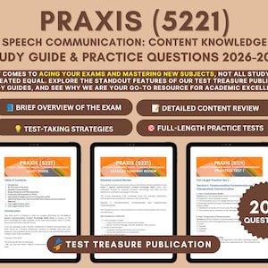 Może przedstawiać: Podręcznik do nauki i pytania praktyczne Praxis 5221 Speech Communication Content Knowledge na lata 2026-2027. Okładka zawiera tekst dotyczący przygotowania do egzaminu, cztery punkty oraz trzy ekrany tabletów pokazujące strony wewnętrzne.