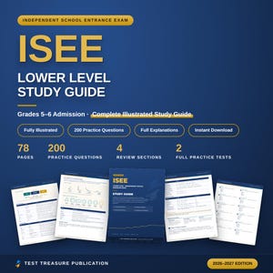 Könnte beinhalten: Ein blau-goldener ISEE Lower Level Studienführer für die Zulassung zu den Klassen 5-6, Ausgabe 2026-2027. Das Cover zeigt den Text ISEE Lower Level Study Guide, 78 Seiten, 200 Übungsfragen, 4 Überprüfungsabschnitte und 2 vollständige Tests.