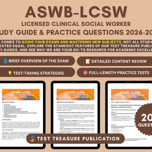 以下が含まれることがあります： ASWB-LCSW Licensed Clinical Social Worker 学習ガイド＆練習問題 2026-2027。試験の概要、内容の復習、受験戦略、完全な練習テストが含まれています。3台のデジタルタブレットに合計200問の問題が表示されています。