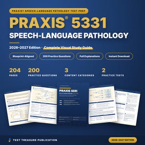 Pode incluir: Um guia de estudo Praxis 5331 Speech-Language Pathology edição 2026-2027 com 204 páginas, 200 questões de prática, 3 categorias de conteúdo e 2 testes práticos. A capa é azul escura com texto amarelo e exibe páginas internas de exemplo.