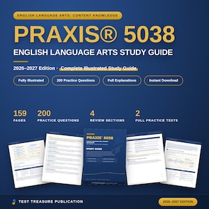 Könnte beinhalten: Ein blauer Praxis 5038 English Language Arts Studienführer für 2026-2027. Das Cover enthält gelben Text, 200 Übungsfragen, 159 Seiten, 4 Wiederholungsabschnitte und 2 vollständige Tests. Fünf Beispielseiten sind unter dem Haupttitel abgebildet.