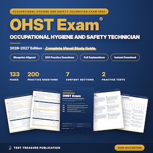 Könnte beinhalten: Ein Studienleitfaden für die Prüfung zum Occupational Hygiene and Safety Technician, Ausgabe 2026-2027. Das Cover zeigt gelben und weißen Text auf dunkelblauem Grund mit 133 Seiten, 200 Übungsfragen und 2 Übungstests.