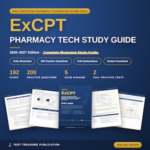 Könnte beinhalten: Ein blau-goldener ExCPT Pharmacy Tech Study Guide Ausgabe 2026-2027. Das Cover enthält Text wie NHA Certified Pharmacy Technician Exam Prep, 200 Übungsfragen, 192 Seiten, 5 Prüfungsbereiche und 2 vollständige Übungstests mit Illustrationen.