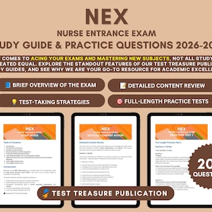 Könnte beinhalten: Der NEX Nurse Entrance Exam Study Guide & Practice Questions 2026-2027 von Test Treasure Publication enthält einen Überblick, eine Inhaltsübersicht, Prüfungsstrategien und vollständige Übungstests mit insgesamt 200 Fragen.