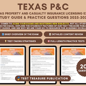 May include: Image of a study guide for the Texas Property and Casualty Insurance Licensing Exam 2025-2026. The guide includes practice questions and detailed content review. The image also displays the text "TEST TREASURE PUBLICATION" and "200 QUESTIONS".