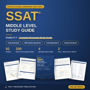 Op de afbeelding: Een blauwe SSAT Middle Level studiegids voor groep 7-9, editie 2026-2027 van Test Treasure Publication. De kaft bevat gele tekst, 92 pagina's, 200 oefenvragen, 4 revisiesecties en 2 volledige oefentoetsen met voorbeelden van pagina's.
