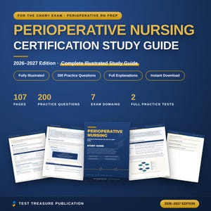 Könnte beinhalten: Ein Perioperative Nursing Certification Study Guide für die CNOR-Prüfung, Ausgabe 2026-2027. Das blau-gelbe Cover enthält 107 Seiten, 200 Übungsfragen, 7 Prüfungsbereiche und 2 vollständige Übungstests. Vier Innenseiten sind abgebildet.