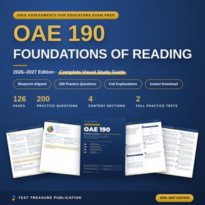 Peut inclure: Un guide d'étude OAE 190 Foundations of Reading édition 2026-2027 comprenant 126 pages, 200 questions d'entraînement, 4 sections de contenu et 2 tests complets. La couverture est bleu foncé avec du texte doré et des pages intérieures.