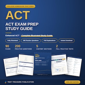 Puede incluir: Una guía de estudio de preparación para el examen ACT 2026-2027 de Test Treasure Publication. La portada tiene texto amarillo, 200 preguntas de práctica, 90 páginas, 5 secciones de contenido y 2 exámenes completos. Se muestran cinco páginas.