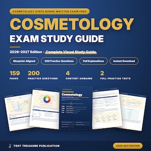 Peut inclure: Un guide d'étude pour l'examen de cosmétologie édition 2026-2027 avec un fond bleu foncé et du texte doré. Il comprend 159 pages, 200 questions d'entraînement, 4 domaines de contenu et 2 tests complets. Cinq pages ouvertes montrent des schémas.