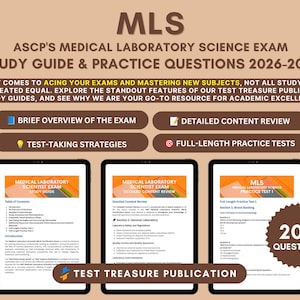 Può includere: Una guida allo studio per l'esame ASCP Medical Laboratory Science 2026-2027, con tre schermi di tablet che mostrano un sommario, una revisione dei contenuti e domande di pratica, con un badge da 200 domande e il marchio Test Treasure Publication.