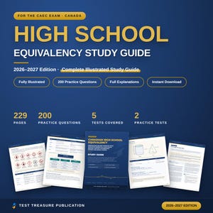Può includere: Una guida allo studio per l'equivalenza della scuola superiore 2026-2027 per l'esame CAEC in Canada. La copertina presenta testo dorato su sfondo blu scuro, evidenziando 229 pagine, 200 domande di pratica, 5 test coperti e 2 test di pratica.