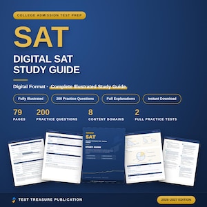 May include: A digital SAT study guide by Test Treasure Publication, 2026-2027 edition. The blue cover features the text SAT DIGITAL SAT STUDY GUIDE, 79 pages, 200 practice questions, 8 content domains, and 2 full practice tests. Includes sample pages.