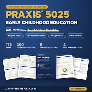Op de afbeelding: Een digitale studiegids voor het Praxis 5025 Early Childhood Education examen, editie 2026-2027. De omslag bevat gouden en witte tekst op een donkerblauwe achtergrond, met 173 pagina's, 200 oefenvragen en 2 volledige oefentoetsen.