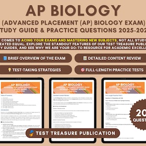以下が含まれることがあります： 2025～2026年アドバンスト・プレースメント（AP）生物学試験のAP生物学学習ガイドと練習問題の広告。画像には、学習ガイドと練習テストを表示する3つのタブレットがあり、上部に「AP BIOLOGY」の文字があります。
