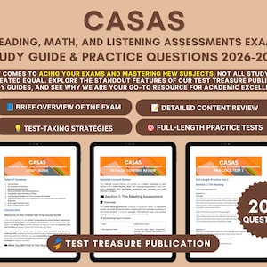 May include: CASAS Reading, Math, and Listening Assessments Exam Study Guide & Practice Questions 2026-2027. Features include a brief overview, detailed content review, test-taking strategies, and full-length practice tests with 200 questions.