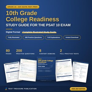 Puede incluir: Una guía de estudio digital para el examen PSAT 10 titulada 10th Grade College Readiness. El gráfico azul presenta texto amarillo, 80 páginas, 200 preguntas de práctica, 8 dominios de contenido y 2 exámenes completos. Incluye cinco vistas previas.