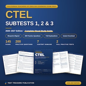 Op de afbeelding: Een studiegids editie 2026-2027 voor het California Teachers of English Learners examen, met subtests 1, 2 en 3. De blauwe kaft bevat gele tekst, 145 pagina's, 200 oefenvragen, 7 inhoudsdomeinen en 2 volledige oefentoetsen voor studenten.