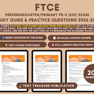 May include: FTCE Prekindergarten/Primary PK-3 (053) Exam Study Guide & Practice Questions 2026-2027. The guide includes a brief overview, content review, test-taking strategies, and full-length practice tests with 200 questions total.