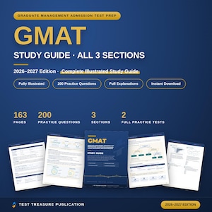 May include: A GMAT study guide for the 2026-2027 edition, featuring 163 pages, 200 practice questions, 3 sections, and 2 full practice tests. The cover is dark blue with yellow text, and the guide includes fully illustrated content and explanations.