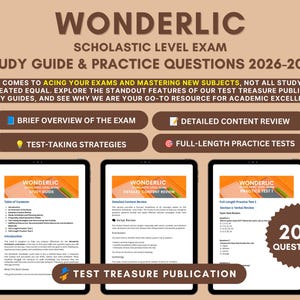 May include: A Wonderlic Scholastic Level Exam study guide and practice questions book for 2026-2027. The cover features text about acing exams, four key study features, and three tablet screens displaying the table of contents and practice test pages.