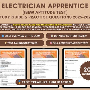 以下が含まれることがあります： 電気工事士見習い試験の学習ガイドと練習問題（IBEW適性検査）2025～2026年の広告。画像には、学習ガイドの内容が表示された3台のタブレットがあり、「Test Treasure Publication」の文字が記載されています。