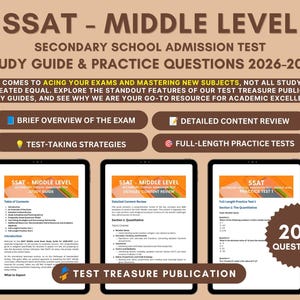 Op de afbeelding: De SSAT Middle Level Secondary School Admission Test Study Guide & Practice Questions 2026-2027 van Test Treasure Publication bevat een overzicht, inhoudelijke beoordeling, teststrategieën en volledige oefentoetsen met 200 vragen.