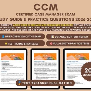 May include: A digital study guide for the Certified Case Manager Exam 2026-2027 by Test Treasure Publication. It features three tablet screens displaying a table of contents, content review, and practice test with 200 questions included.