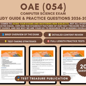 Peut inclure: Guide d'étude et questions d'entraînement OAE (054) Computer Science Exam 2026-2027. Le texte présente un aperçu, une revue de contenu, des stratégies et des tests. Trois tablettes affichent des pages internes avec 200 questions.
