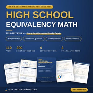 Pode incluir: Um guia de estudo azul para o teste de raciocínio matemático GED, edição 2026-2027. A capa apresenta texto amarelo, 110 páginas, 200 questões de prática, 4 seções de conteúdo e 2 testes completos. Quatro páginas internas mostram problemas.