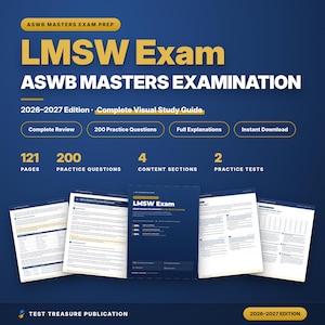 Könnte beinhalten: Ein digitaler Studienführer für die LMSW-Prüfung ASWB Masters Examination Ausgabe 2026-2027. Das Cover zeigt gelben und weißen Text auf blauem Hintergrund mit Angaben zu 121 Seiten, 200 Übungsfragen, 4 Inhaltsbereichen und 2 Übungstests.