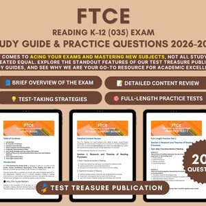 May include: A study guide for the FTCE Reading K-12 (035) exam for 2026-2027. The text includes a brief overview, content review, test-taking strategies, and full-length practice tests. Three tablet screens display internal pages with 200 questions.