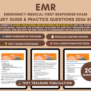 May include: An EMR Emergency Medical First Responder Exam study guide and practice questions book for 2026-2027. The cover features brown text on a tan background, listing features like exam overview, content review, strategies, and 200 practice questions.