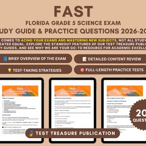 May include: A study guide titled FAST Florida Grade 5 Science Exam Study Guide & Practice Questions 2026-2027. The document features sections on exam overview, content review, strategies, and practice tests, including 200 questions total.