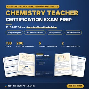 Könnte beinhalten: Ein digitaler Studienführer für die Praxis 5246 Chemie-Lehrer-Zertifizierungsprüfung, Ausgabe 2026-2027. Der Leitfaden enthält 138 Seiten, 200 Übungsfragen, 5 Inhaltskategorien und 2 vollständige Übungstests mit visuellen Diagrammen.