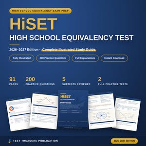 Pode incluir: Um guia de estudo azul-escuro para o teste de equivalência do ensino médio HiSET, edição 2026-2027. A capa apresenta texto amarelo, 200 questões de prática e 91 páginas. Abaixo, cinco páginas de exemplo mostram diagramas e conteúdo.