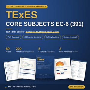 Könnte beinhalten: Ein digitaler Studienführer für die TExES Core Subjects EC-6 (391) Prüfung, Ausgabe 2026-2027. Das Cover zeigt gelben und weißen Text auf dunkelblauem Hintergrund und führt 89 Seiten, 200 Übungsfragen, 5 Abschnitte und 2 volle Übungstests auf.