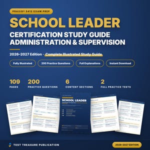 Pode incluir: Um guia de estudo azul para o exame de certificação Praxis 5412 School Leader, edição 2026-2027. A capa apresenta texto em amarelo e branco, destacando 109 páginas, 200 questões de prática, 6 seções de conteúdo e 2 testes completos.