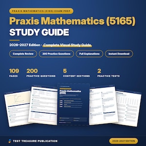 Op de afbeelding: Een Praxis Mathematics (5165) studiegids editie 2026-2027 met 109 pagina's, 200 oefenvragen, 5 inhoudssecties en 2 oefentoetsen. De blauwe omslag toont gele tekst en bevat een complete visuele studiegids.