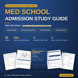 Pode incluir: Um guia de estudo para admissão na faculdade de medicina, edição 2026-2027, com fundo azul escuro e texto amarelo. O guia inclui 98 páginas, 200 questões de prática, 4 seções de conteúdo e 2 testes completos, exibido com páginas internas.